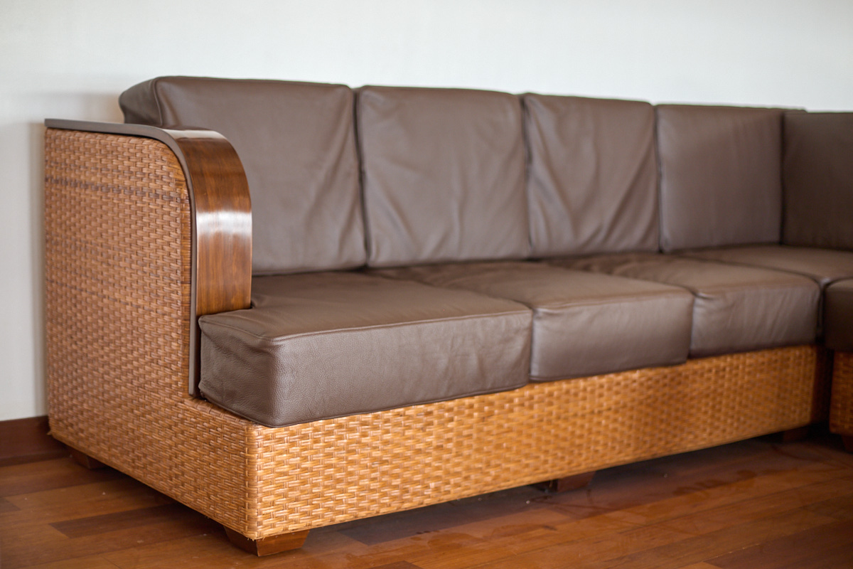 Designer six-seater with rattan and leather